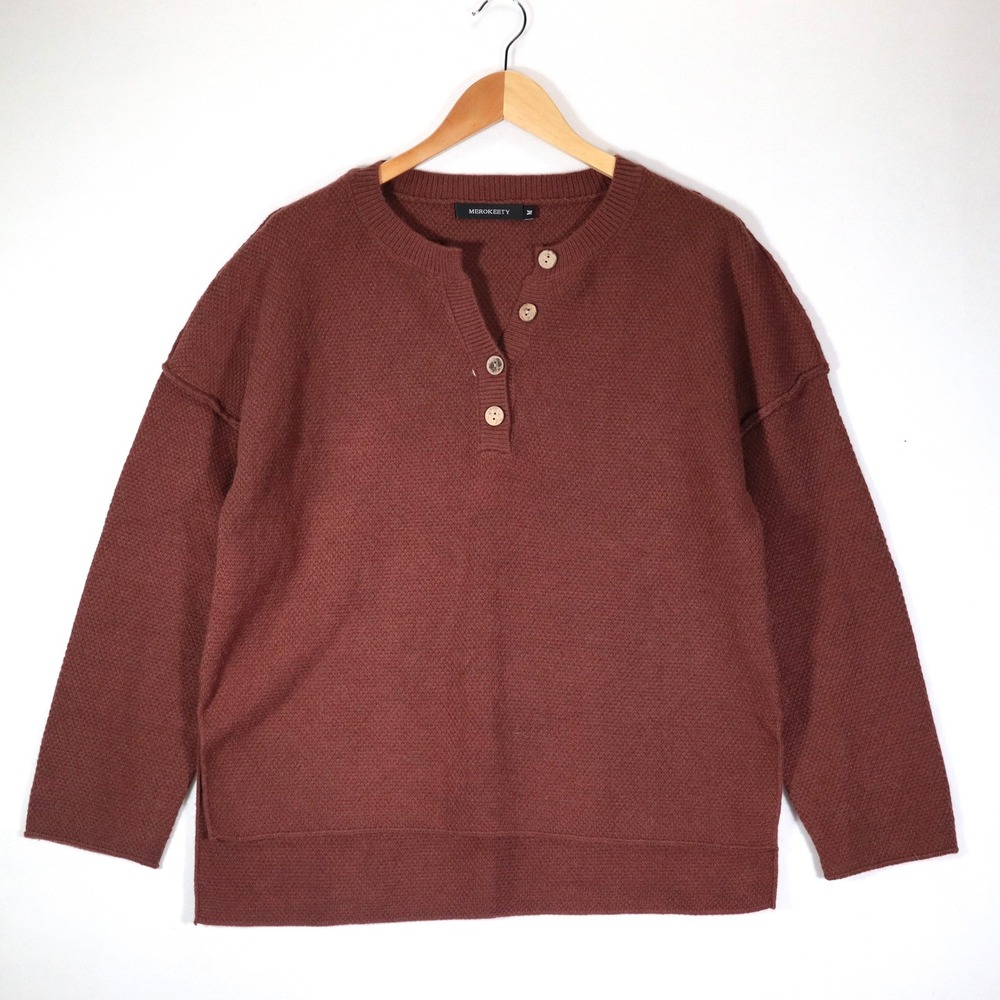 Merokeety Henley Sweater Women M Brown Waffle Knit Oversized Casual Fall Top